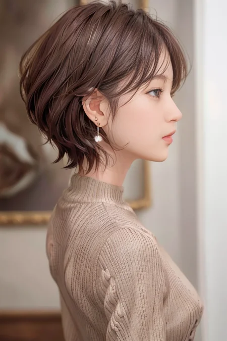(1girl), (best quality), (masterpiece), (high resolution), (intricate details), (photorealistic), (cinematic light) <lora:short_hair:0.8>
solo, earrings, jewelry, portrait, profile, realistic, brown hair, lips, black hair, black eyes, from behind, brown hair, facing away, short hair, nape, sweater, blurry, upper body, blurry background, wavy hair