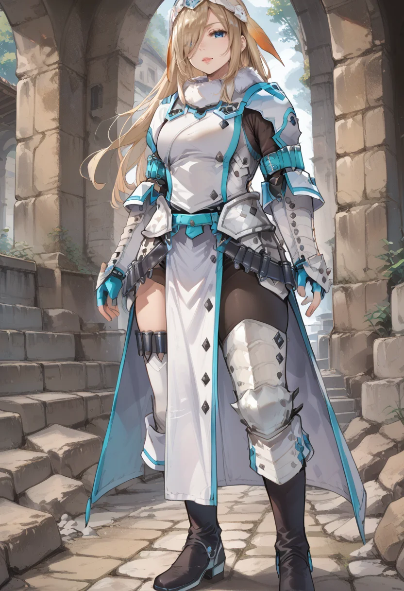 (score_9:0.9),score_8_up,score_7_up,rating_safe,anime style,(zPDXL),<lora:Barioth X Gunner Armor ponyXL v1.2:0.8>,mature female,milf,<lora:MatureFemalePony:0.4>,barioth x gunner armor,white headband,white thigh boots,white fingerless gauntlets,white pelvic curtain,1girl,solo,blue eyes,hair over one eye,full body,looking at viewer,large breasts,