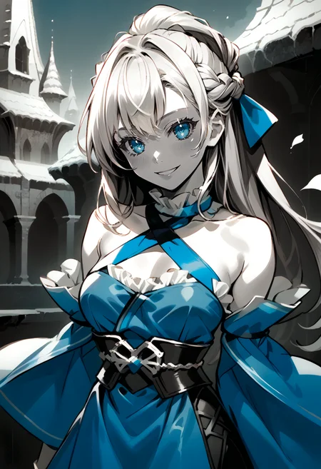 score_9, score_7_up, source_anime, BREAK  <lora:Taiki Dendro:0.9> taiki, art,  <lora:mxmarina:1> mxmarina, french braid, half updo, Hair ribbon, frilled choker, criss-cross halter, sleeveless dress, high-waist skirt, backless dress, blue dress, waist blue bow, detached sleeves, frilled sleeves, wide sleeves, blue sleeves, portrait, smile, v arms, head tilt, light blush, monochrome,