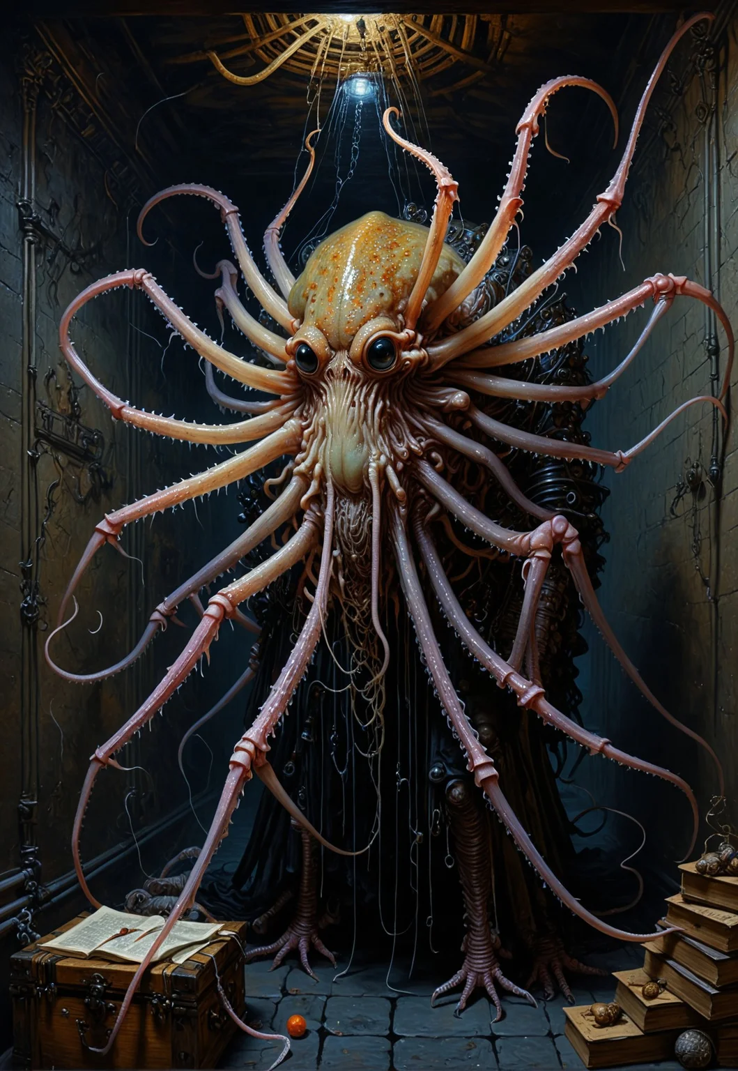 Rembrandt realistic oil painting, retro artstyle, score_9, score_8_up, score_9_up, very detailed, ultra realistic, (best quality) very detailed masterpiece, full body portrait of a squid-like spider-like horror monster in a dungeon, iridescent skin, muscular body, glowing eyes, rembrandt style, vermeer style, low saturation, photo realistic oil painting,