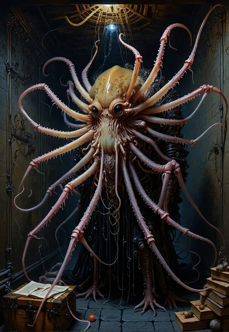 Rembrandt realistic oil painting, retro artstyle, score_9, score_8_up, score_9_up, very detailed, ultra realistic, (best quality) very detailed masterpiece, full body portrait of a squid-like spider-like horror monster in a dungeon, iridescent skin, muscular body, glowing eyes, rembrandt style, vermeer style, low saturation, photo realistic oil painting,