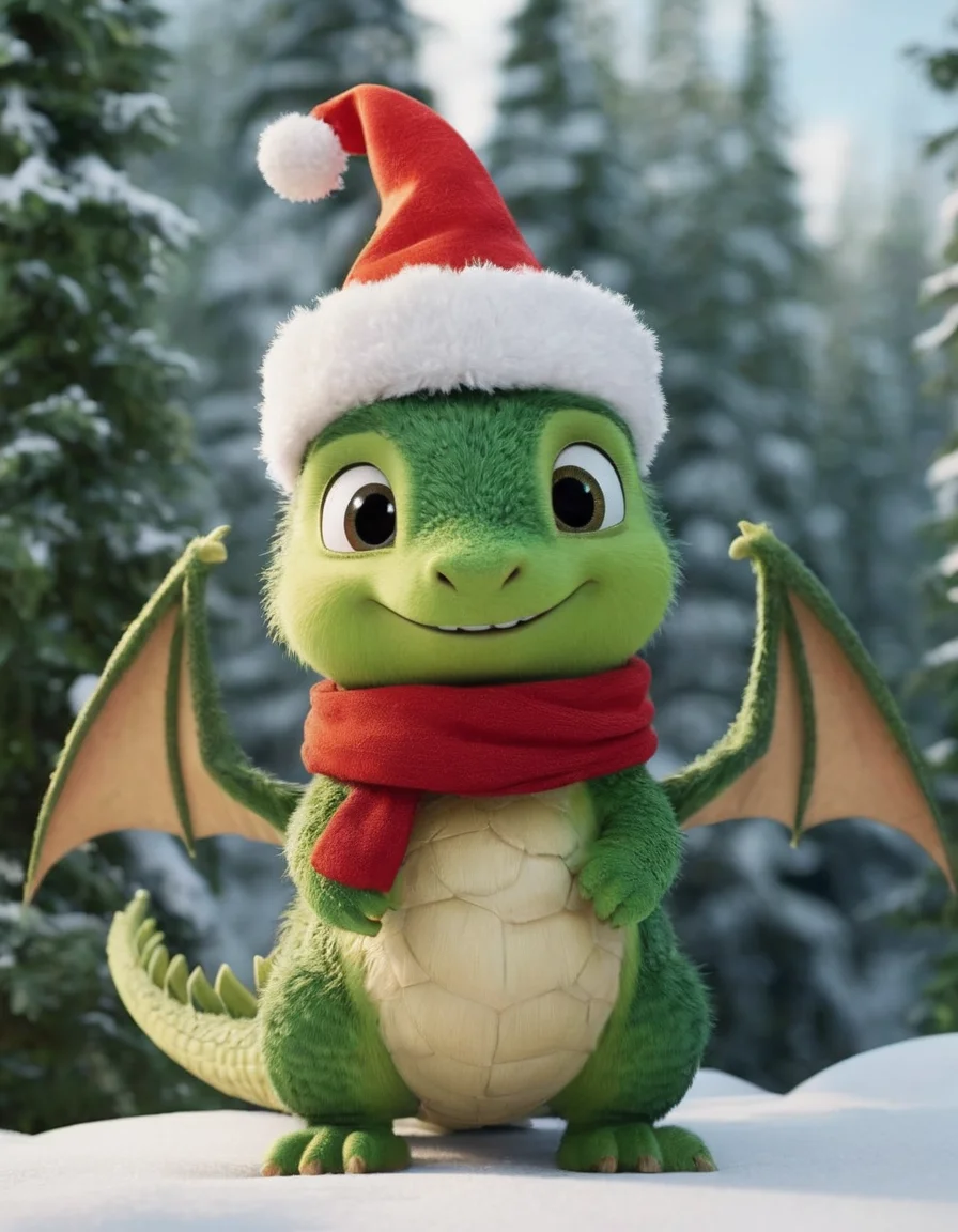 dreamworks cartoon style, little green gragon, little cute wings, christmas hat, winter forest background, snowy, dynamic composition, dramatic, thought advanced, professional, cinematic color, cool, great, highly detailed, artistic, saturated colors, theatrical, whole focused, extremely beautiful, perfect, stunning, light, intricate, innocent, symmetry, enhanced, vibrant, iconic