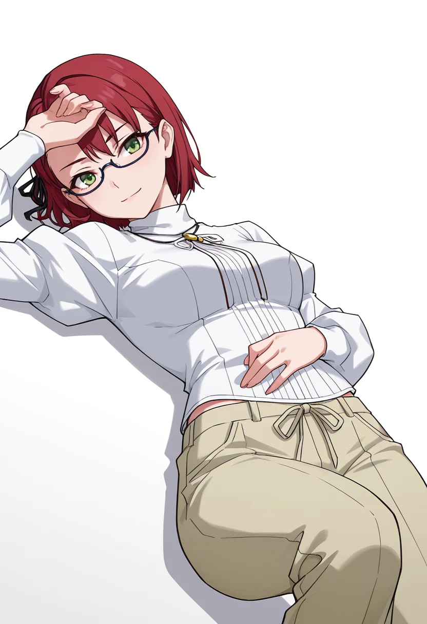 Smooth Quality,masterpiece,very intricate, high quality details, ultra realistic, high detailed skin,detailed enviorement,absurdres,
<lora:Dina_Sera_CNR:0.8> dina_cnr, red hair, short hair, asymmetrical bangs, green eyes,semi-rimless eyewear, medium breasts,hair ribbon,bishop sleeve blouse, ,turtle neck, ,loose pants, ,, simple background, white background, dutch angle,
lying supine, one knee up, arm draped over forehead, other hand on stomach ,, :|,