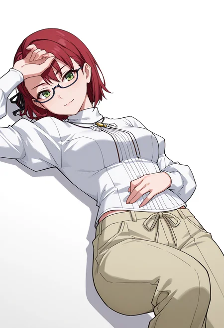 Smooth Quality,masterpiece,very intricate, high quality details, ultra realistic, high detailed skin,detailed enviorement,absurdres,
<lora:Dina_Sera_CNR:0.8> dina_cnr, red hair, short hair, asymmetrical bangs, green eyes,semi-rimless eyewear, medium breasts,hair ribbon,bishop sleeve blouse, ,turtle neck, ,loose pants, ,, simple background, white background, dutch angle,
lying supine, one knee up, arm draped over forehead, other hand on stomach ,, :|,