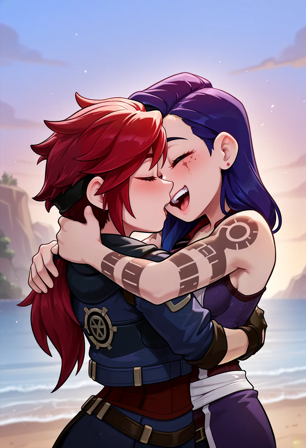 IllustriousQual <lora:StS-Illustrious-Detail-Slider-v1.0:2> <lora:cfg_scale_boost:0.3>,detailed_background,outdoors,open mouth,long hair,arcane vi,marceline2174,closed eyes,tattoo,multiple girls,vi \(league of legends\),arcane: league of legends,arcane caitlyn,red hair,league of legends,upper body,hug,arm tattoo,highres,hand in another&