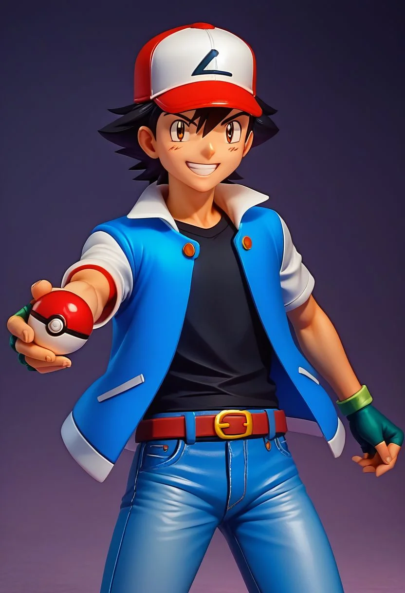 score_9, score_8_up, score_7_up, source_anime, high resolution, 
figure, solo, 1boy, ash_kanto, black hair, 
baseball cap, black t-shirt, blue jacket, open jacket, short sleeves, white sleeves, jeans, belt, fingerless gloves, 
arm outstretched, holding poke ball, smile, 
cowboy shot, dark background, vivid lighting, best quality, realistic,