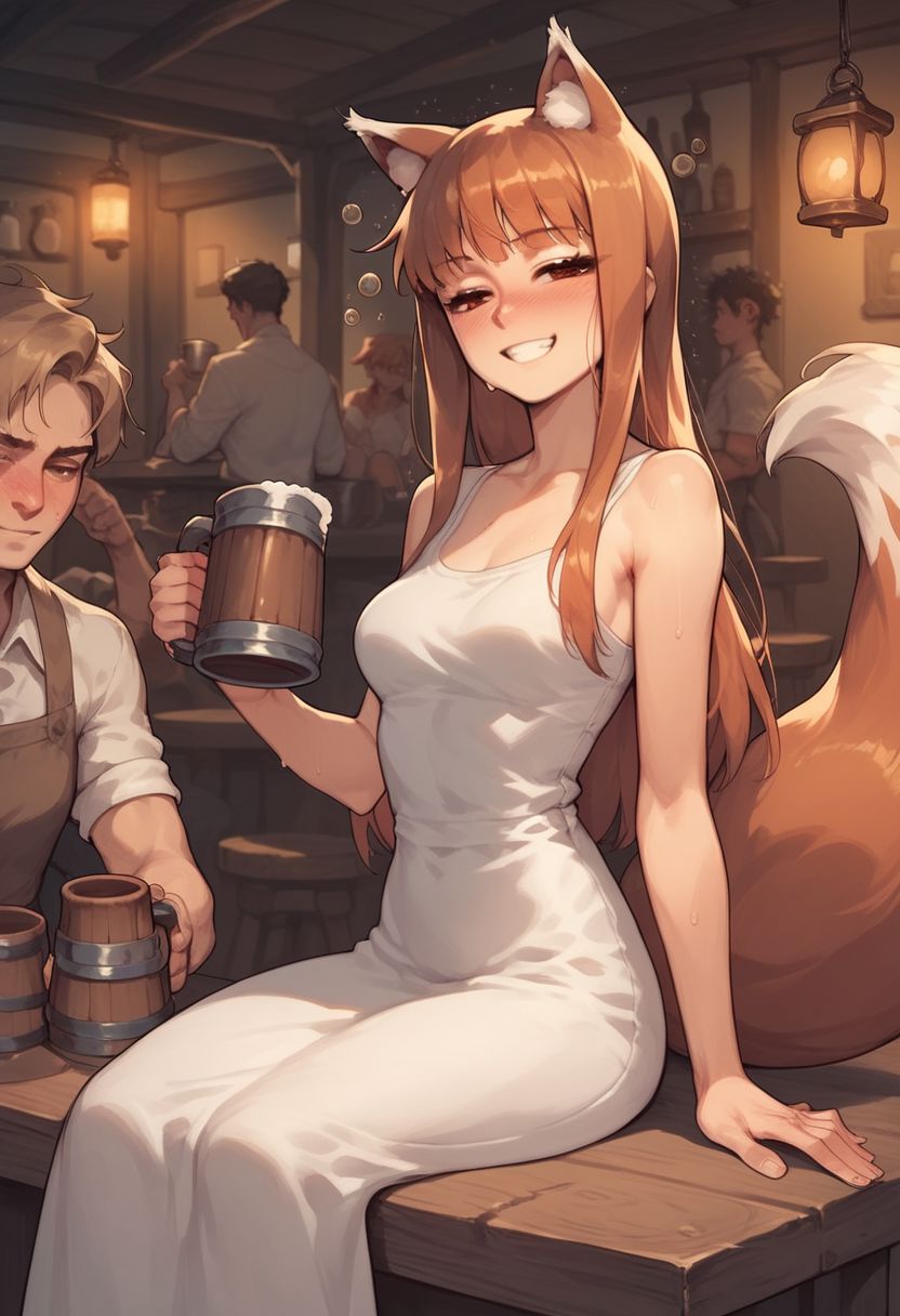 score_9, score_8_up, score_7_up, score_6_up, 1 girl, sweat, extremly detailed, Holo, Spice and Wolf, fox girl, fox ears, fox tail, white dress, wide smile, tavern, sitting at table, holding a tankard, drunk, 5 fingers