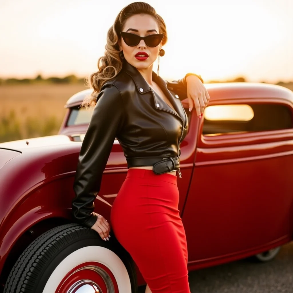 ultra realistic, ultra detailed, ultra quality, analog photography, analog photo, Confident rockabilly woman dressed in a leather jacket over a fitted red pencil skirt, standing beside a gleaming cherry-red hot rod with whitewall tires. The setting sun casts golden light, creating long shadows and a warm haze, while her cat-eye sunglasses glint in the light. Low-angle shot with a shallow depth of field, highlighting the intricate details of her curled hair and bold accessories, the hot rod gleaming in the background, cinematic and photorealistic. <lora:rockabilly8x:1> r0ckb1ll1v2, r0ckb1ll1