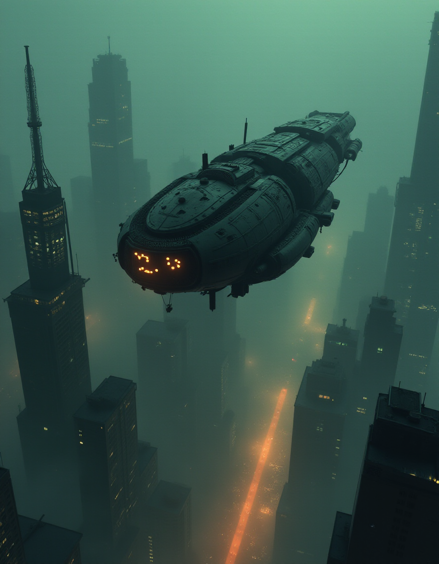 Ship flying over a futuristic city from the air, panoramic view, (Shinji Kimura, Tekkonkinkreet, Takashi Watabe, Innocence, John Berkey, Bayonetta) night, fog, intricate environment, high contrast, photo quality <lora:epi_noiseoffset2:1> <lora:add-detail-xl:1> <lora:Sinozick:1>
