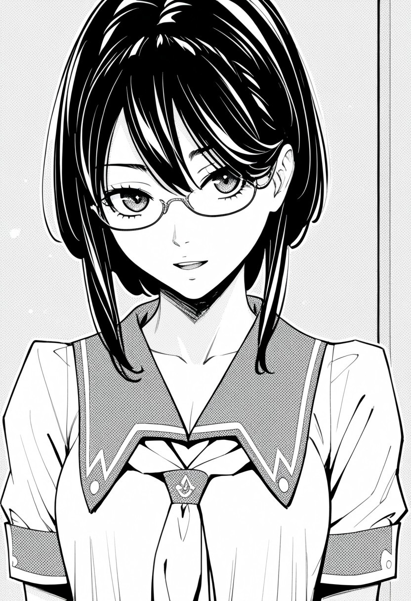 score_9, score_8_up, score_7_up, source_anime,(extremely detailed CG), (best quality),monochrome, greyscale,
mika,
glasses,school uniform,front view,