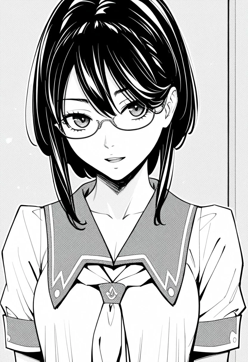 score_9, score_8_up, score_7_up, source_anime,(extremely detailed CG), (best quality),monochrome, greyscale,
mika,
glasses,school uniform,front view,