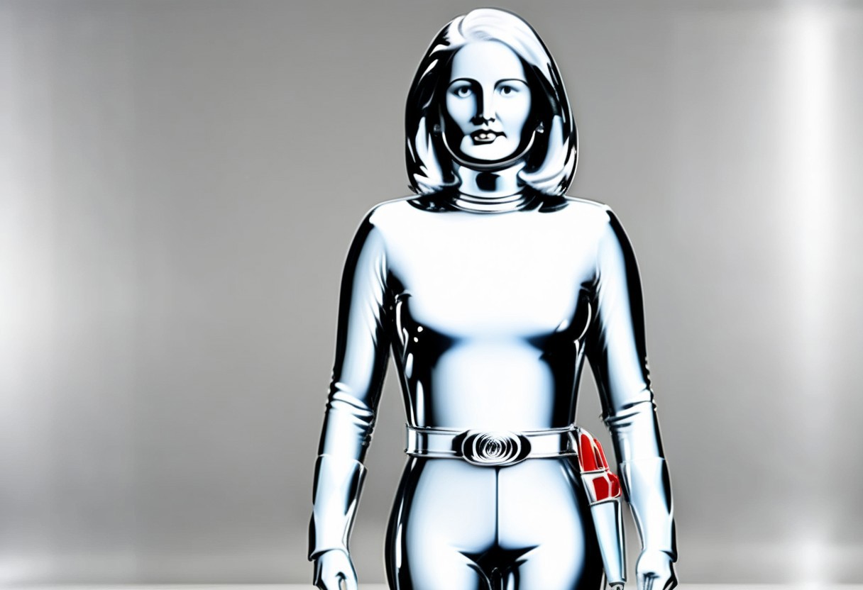 chrome statue of power ranger Ellie, side-parting voluminous straight shoulder-length chrome bob hair, alone, helmetless, chrome catsuit, chrome turtleneck collar, chrome gloves belt, serious facial expression, mouth closed, mouth shut, entirely made of chrome, command centre, hyperdetailed photography