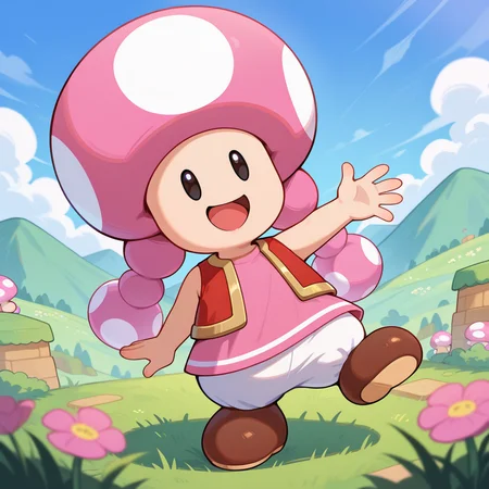 best quality, newest, absurdres, highres, mario_\(series\), blue sky, grass, flowers, outdoors, hills, bricks, (blurry), no ears, 1girl, solo, <lora:IL_Toadette_SM:1>, toadette, pink cap, twintails, black eyes, dot eyes, smile, standing, pink dress, red vest, white pants, brown shoes, open mouth, one leg back, cute, smile, waving, looking at viewer