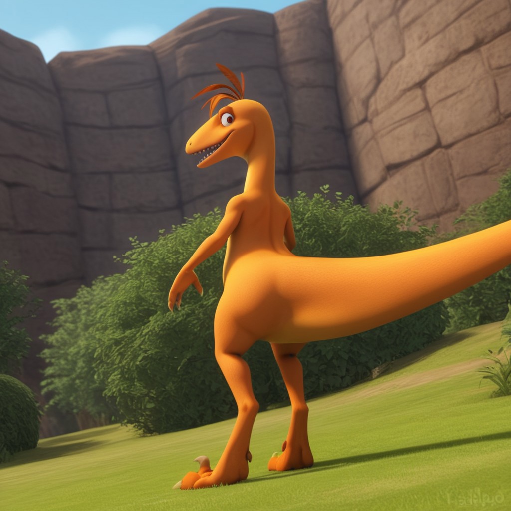 score_9, score_8_up, score_7_up, score_6_up, score_5_up, score_4_up, source_furry, dtmrconductorv2, semi-anthro, male, Troodon, orange skin, brown eyes, dinosaur, feather hair, standing, looking back, from behind, outside, on grass