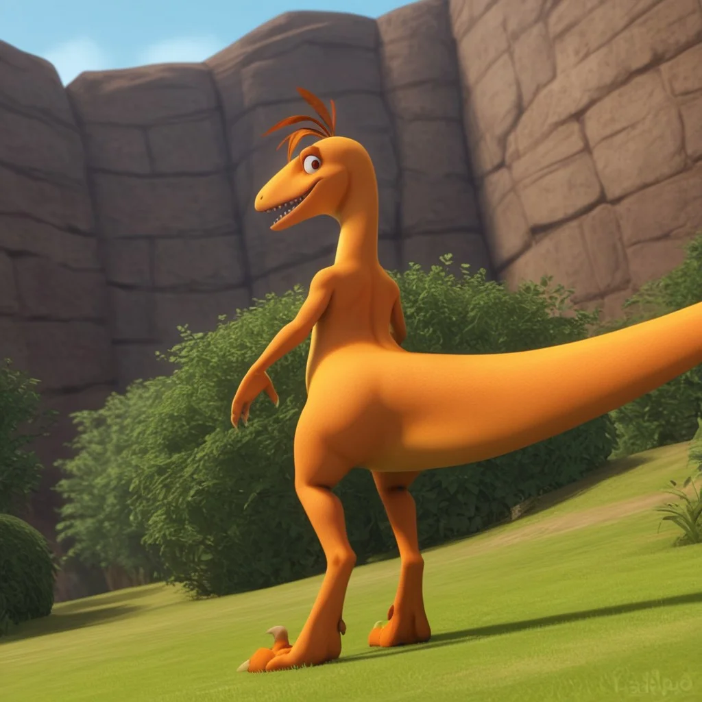 score_9, score_8_up, score_7_up, score_6_up, score_5_up, score_4_up, source_furry, dtmrconductorv2, semi-anthro, male, Troodon, orange skin, brown eyes, dinosaur, feather hair, standing, looking back, from behind, outside, on grass