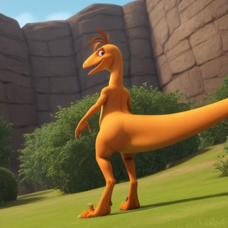 score_9, score_8_up, score_7_up, score_6_up, score_5_up, score_4_up, source_furry, dtmrconductorv2, semi-anthro, male, Troodon, orange skin, brown eyes, dinosaur, feather hair, standing, looking back, from behind, outside, on grass