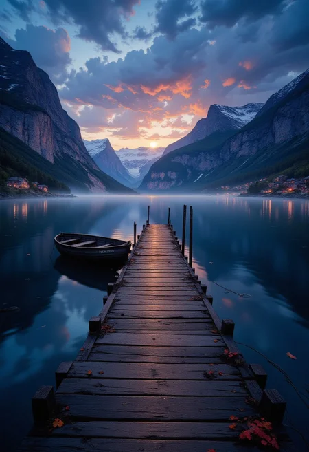 Twilight in a Norwegian Fjord
"As the last rays of sunlight fade behind towering cliffs, the deep waters of the fjord turn an inky blue. A wooden dock stretches out into the stillness, its surface slick with mist. An old rowboat drifts untethered, gently knocking against the pier. Tiny lights flicker in the windows of distant hillside cabins, their reflections trembling on the water’s surface. The air is sharp with the scent of pine and brine, and in the distance, something—perhaps an animal, perhaps the wind—lets out a low, echoing call."