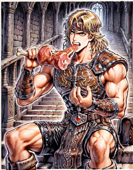 masterpiece, best quality, amazing quality, csdb, hatching (texture), cyb88, traditional media, SIMOIL, 1boy, male focus, muscular, toned male, blue eyes, leather armor, (leather headband, red gem on headband), breastplate, leather shorts, stylized loincloth, one pauldron, vambraces, medium hair, blonde hair, boots, leather tassets, stairway, sitting, eating meat, teeth
