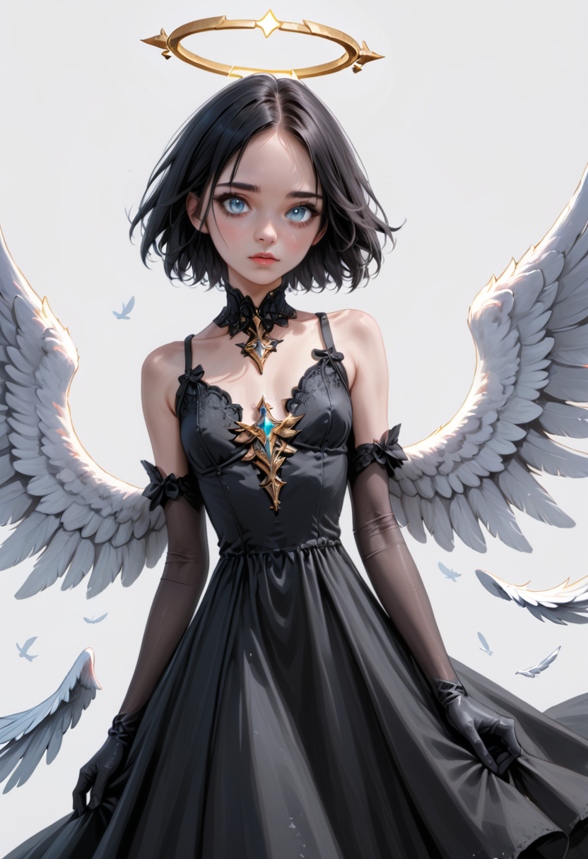 general, 1girl, solo, looking at viewer, short hair, blue eyes, simple background, black hair, white background, gloves, dress, holding, jewelry, wings, black gloves, elbow gloves, black dress, halo, grey eyes, feathered wings, angel wings, angel, realistic