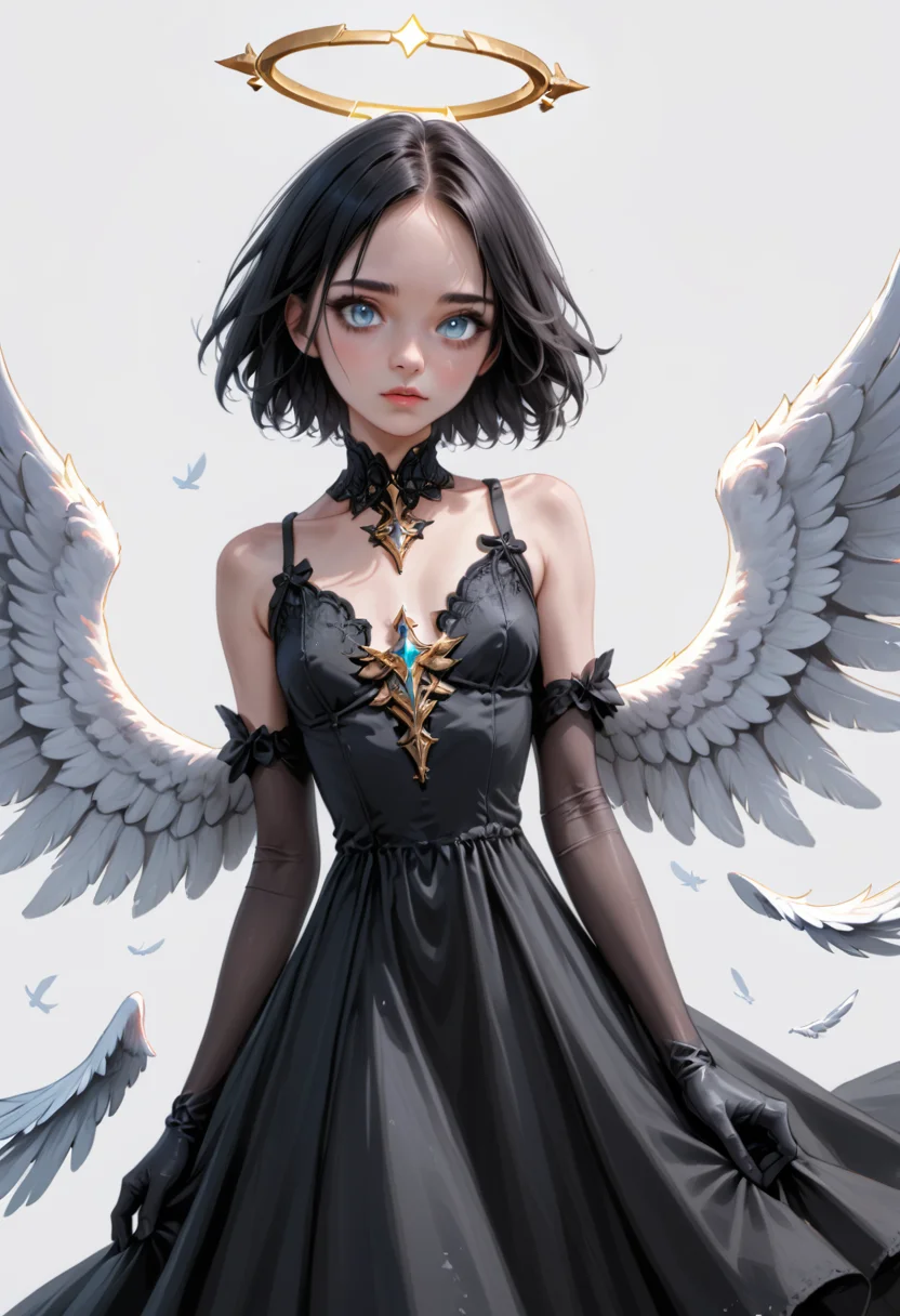 general, 1girl, solo, looking at viewer, short hair, blue eyes, simple background, black hair, white background, gloves, dress, holding, jewelry, wings, black gloves, elbow gloves, black dress, halo, grey eyes, feathered wings, angel wings, angel, realistic