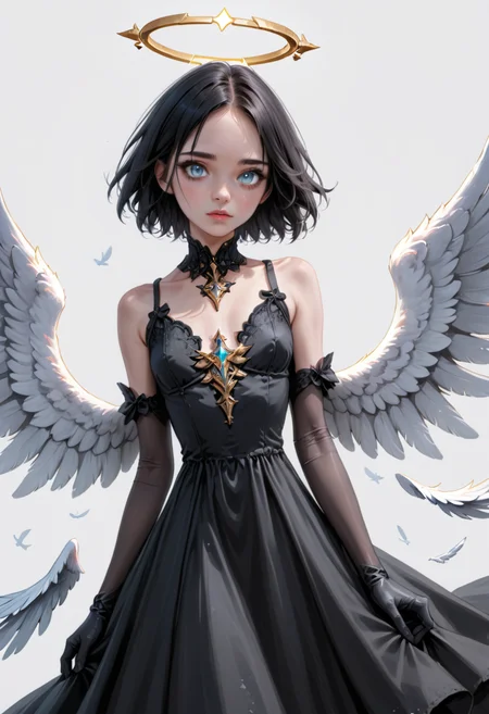 general, 1girl, solo, looking at viewer, short hair, blue eyes, simple background, black hair, white background, gloves, dress, holding, jewelry, wings, black gloves, elbow gloves, black dress, halo, grey eyes, feathered wings, angel wings, angel, realistic