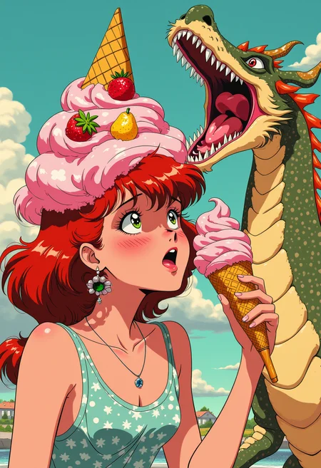 modernretroanime. a woman is a super colorful ice cream while a dragon looks greedily at her ice cream
