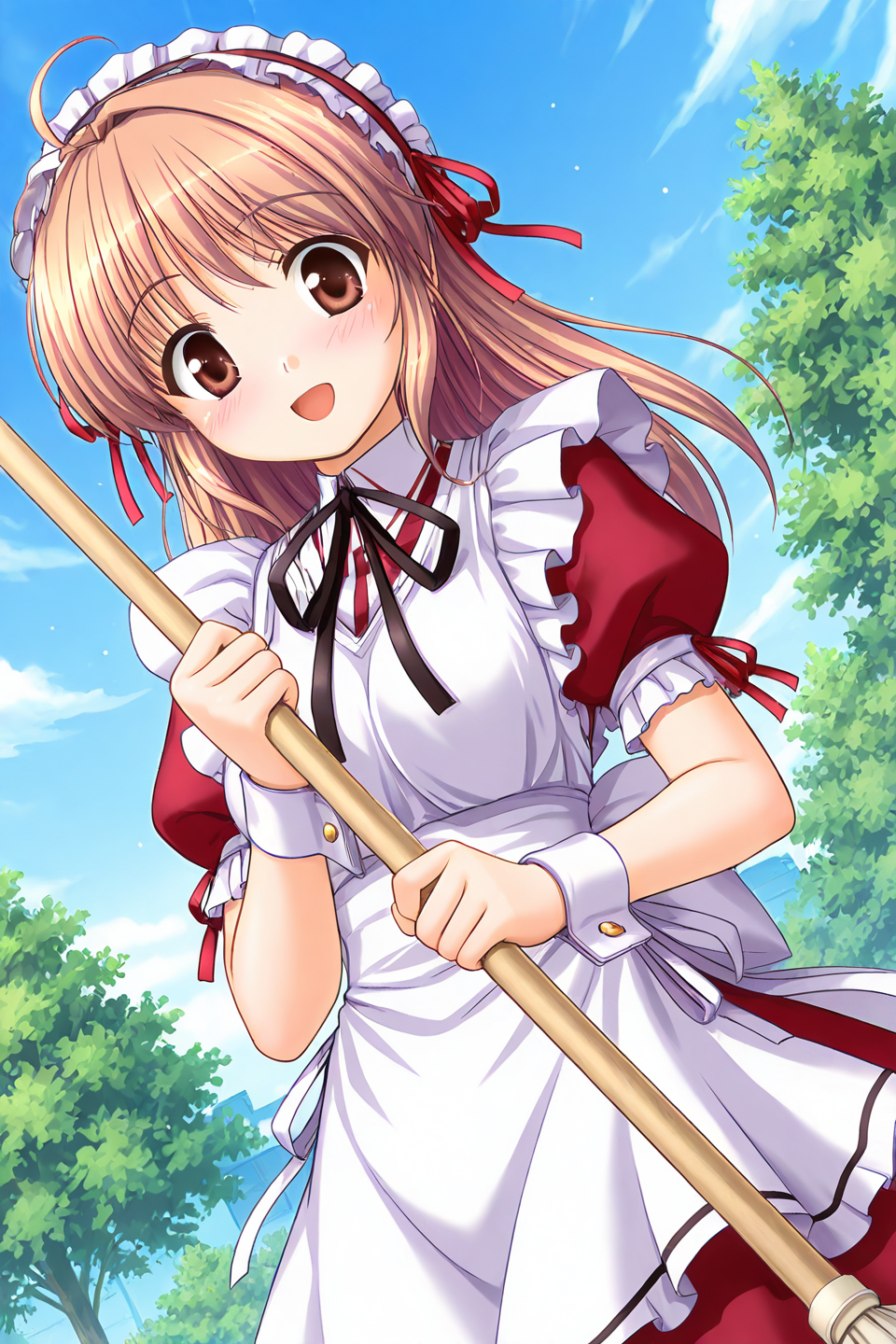 masterpiece, best quality, absurdres, official art, official style, rating general BREAK <lora:yuukiharuna_IL_v1-1:0.7>, yuuki haruna, 1girl, solo, brown eyes, brown hair, ahoge, long hair, hair intakes, medium breasts,
maid, maid headdress, black hairband, frilled hairband, hairband with ribbon, red ribbon, red dress, pinafore dress, collared dress, puffy short sleeves, neck ribbon, arm ribbon, black ribbon, wrist cuffs, maid apron, white apron, frilled apron, back bow, white bow, holding mop, blush, nose blush, surprised, smile, embarrassed, open mouth, looking at viewer, dutch angle, cowboy shot, outdoors, day, cloud, tree, blue sky, flying sweatdrops