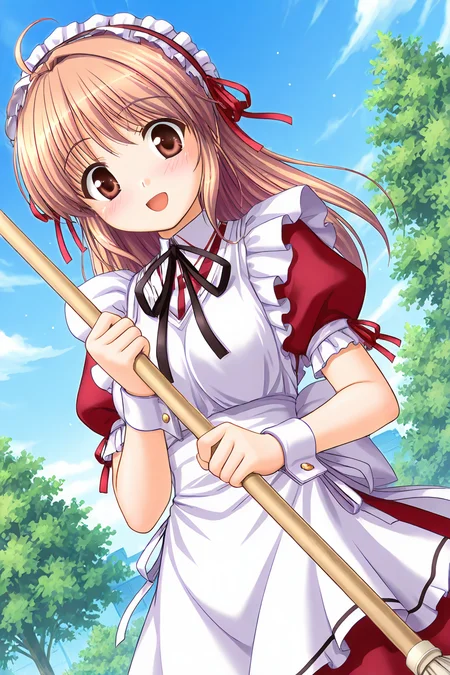 masterpiece, best quality, absurdres, official art, official style, rating general BREAK <lora:yuukiharuna_IL_v1-1:0.7>, yuuki haruna, 1girl, solo, brown eyes, brown hair, ahoge, long hair, hair intakes, medium breasts,
maid, maid headdress, black hairband, frilled hairband, hairband with ribbon, red ribbon, red dress, pinafore dress, collared dress, puffy short sleeves, neck ribbon, arm ribbon, black ribbon, wrist cuffs, maid apron, white apron, frilled apron, back bow, white bow, holding mop, blush, nose blush, surprised, smile, embarrassed, open mouth, looking at viewer, dutch angle, cowboy shot, outdoors, day, cloud, tree, blue sky, flying sweatdrops