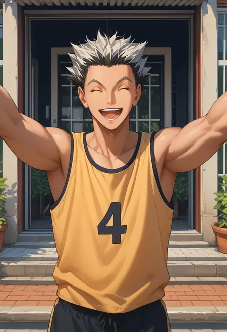 score_9, score_8_up, score_7_up, source_anime, rating_safe, hands with five fingers, Bokaikyu, muscular, plain yellow tank top, black shorts, closed eyes, outstretched arms, fists, open mouth, wide smile, outdoor supermarket exterior, sliding door, happy-cheery,