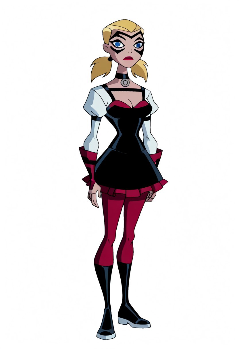 source_anime, flat_color, masterpiece, absurdres, high quality, detailed character design, ultra-high resolution, perfectly composed, wyatt, wyatt,
BREAK
1girl, solo, blonde girl with pigtails, highres, high contrast, absurdres,looking at viewer, White facepaint,O-ring choker, harness, white sleeves, short puffy sleeves, red bra, black bra, cleavage, black corset, black skirt, frilled skirt, red vambraces, black vambraces, black pantyhose, red pantyhose,white frilled wristbands,
BREAK
full body shot, solid white background