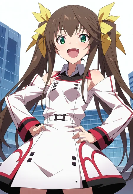 score_9, score_8_up, score_7_up, source_anime, masterpiece, best quality,perfect anatomy,rin,def,hands on own hips,open mouth,smile,happy,skin fang,rating_safe,happy,cowboy shot,dutch angle <lora:rin.pony:1>