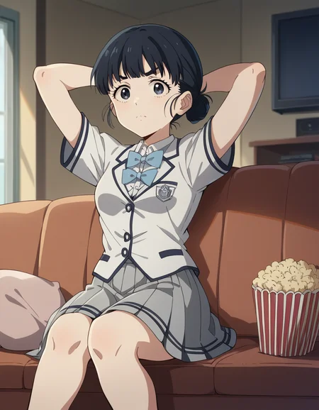 score_9, score_8_up, score_7_up, source_anime, <lora:tiara-basori-s1-ponyxl-lora-nochekaiser:1>, tiara basori, bangs, black hair, hair bun, black eyes, single hair bun,, skirt, shirt, bow, school uniform, white shirt, short sleeves, grey skirt, pleated skirt, bowtie, blue bowtie, blue bow, blazer,, living room, television, couch, popcorn, watching movie, night time, sitting,, , , hands behind head,, solo,, cowboy shot, dutch angle