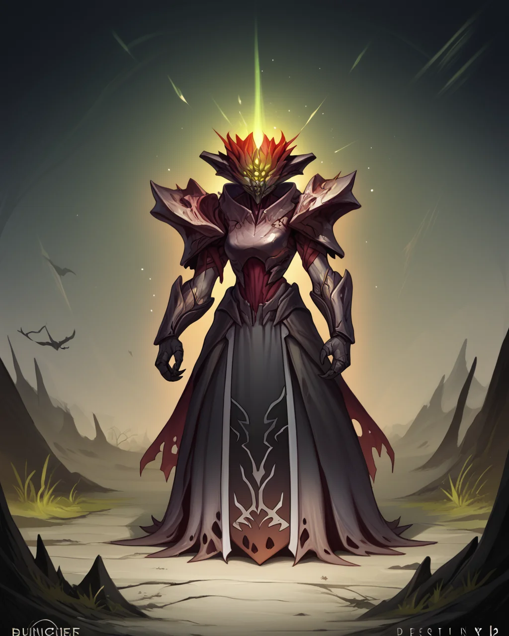 score_9, score_8_up, score_7_up, score_6_up, score_5_up, Rating_safe, A female monster with three eyes and (chitinous plating:1.1), dark grey cracked skin, grey armor, dhive, (zoomed in:1.1), cloth, (monster:0.8), glowing, (hivethrall:1.3), bald, armor,