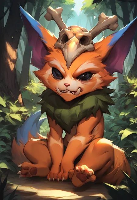 score_9, score_8_up, score_7_up, score_6_up, gn4r, 1boy, yordle, fangs, teeth, skull on head, orange fur, black eyes, tail, full body, forest,
<lora:Manwha_Anime_Style:1>, manhwastyle, <lora:Gnar_Default_v1:0.75>, solo, looking at viewer, sitting, (sad)