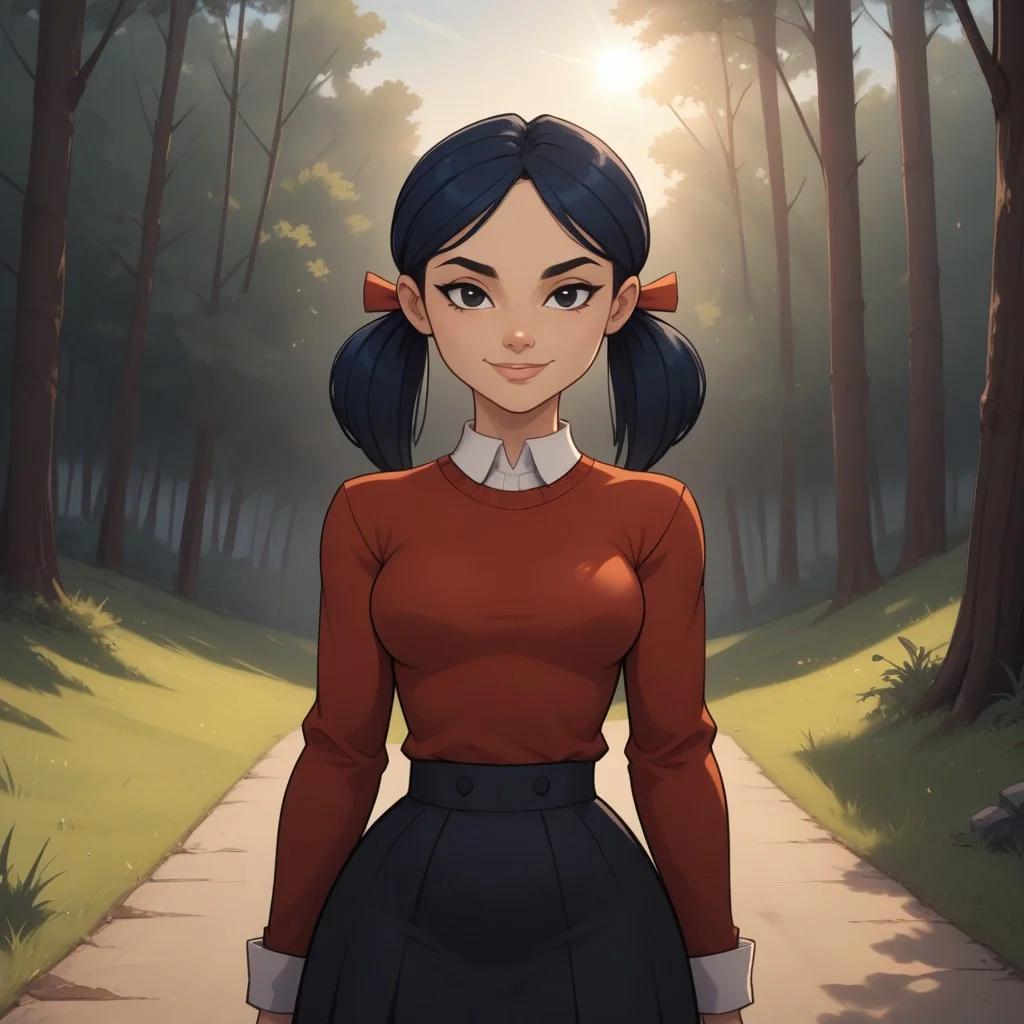 score_9, score_8, BREAK, solo, red sweater, 1girl, white undershirt, black skirt, navy blue hair, black eyes, lips, twintails, breasts, total drama, Kitty_(\Total_Drama\), tdtrr, cute, sexy pose, smile, outdoors, sunlight, shadows, evening lighting, natural lighting, forest, trees, grass, orange sky, sunset