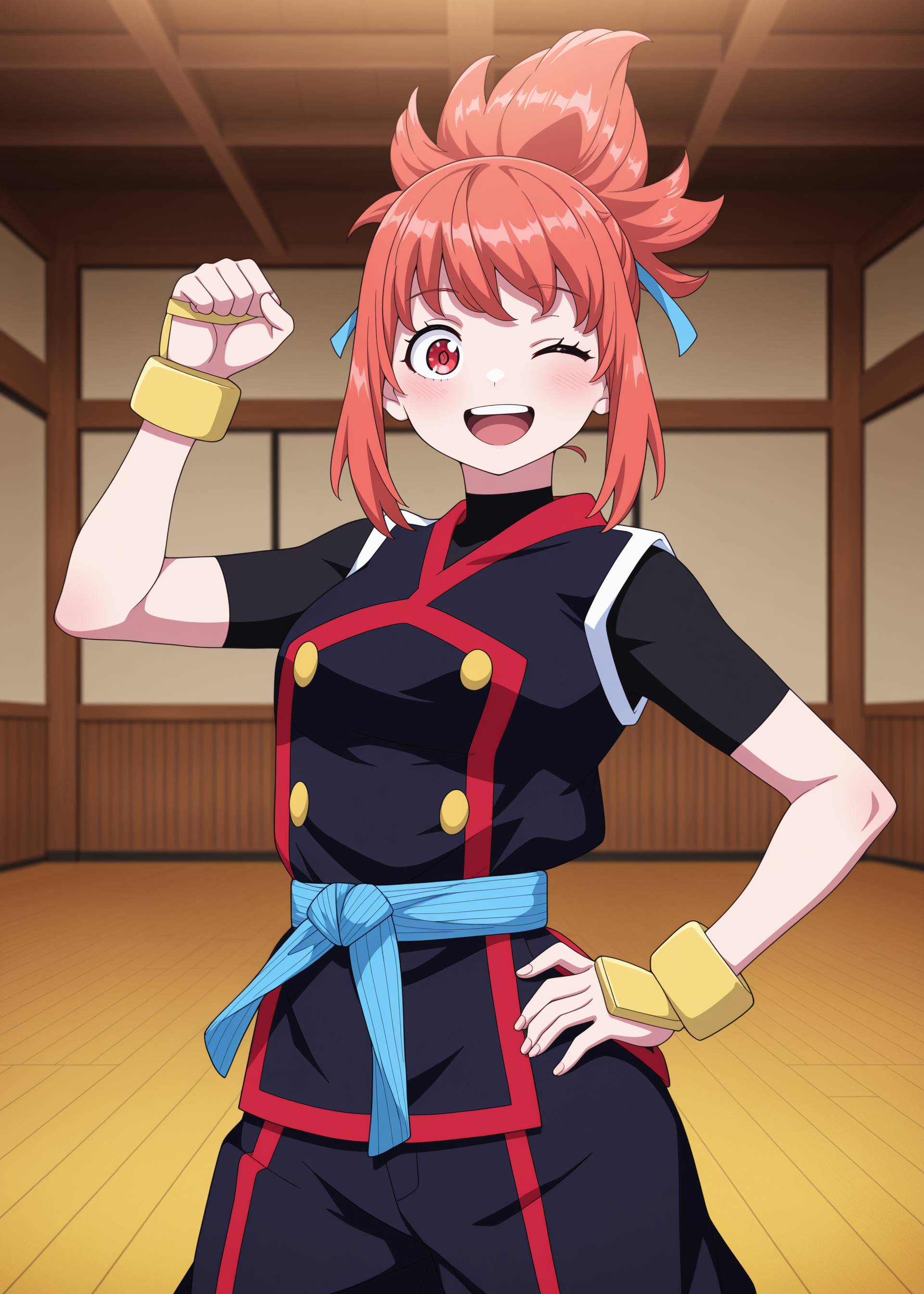 1girl, anime screencap, <lora:ktatara_sn90:1>, ktara, hair ribbon, blue ribbon, black uniform, short sleeves, blue sash, wrist guards, bodysuit under clothing, baggy pants, looking at viewer, standing, hand on hip, smile, raised fist, open mouth, wink,
looking at viewer, straight shot, cowboy shot, atmospheric, vibrant, straight shot, cowboy shot,
dojo background, wooden indoors,
high resolution, ultra-detailed, absurdres, masterpiece, best quality, good quality, newest