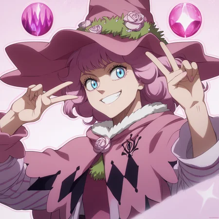 <lora:SlimesDorothy:1>, score_9, score_8_up, score_7_up, slimes_dorothyunsworth, pink witch hat, teethy grin, peace handsign, blue eyes with a pink outline, castle background