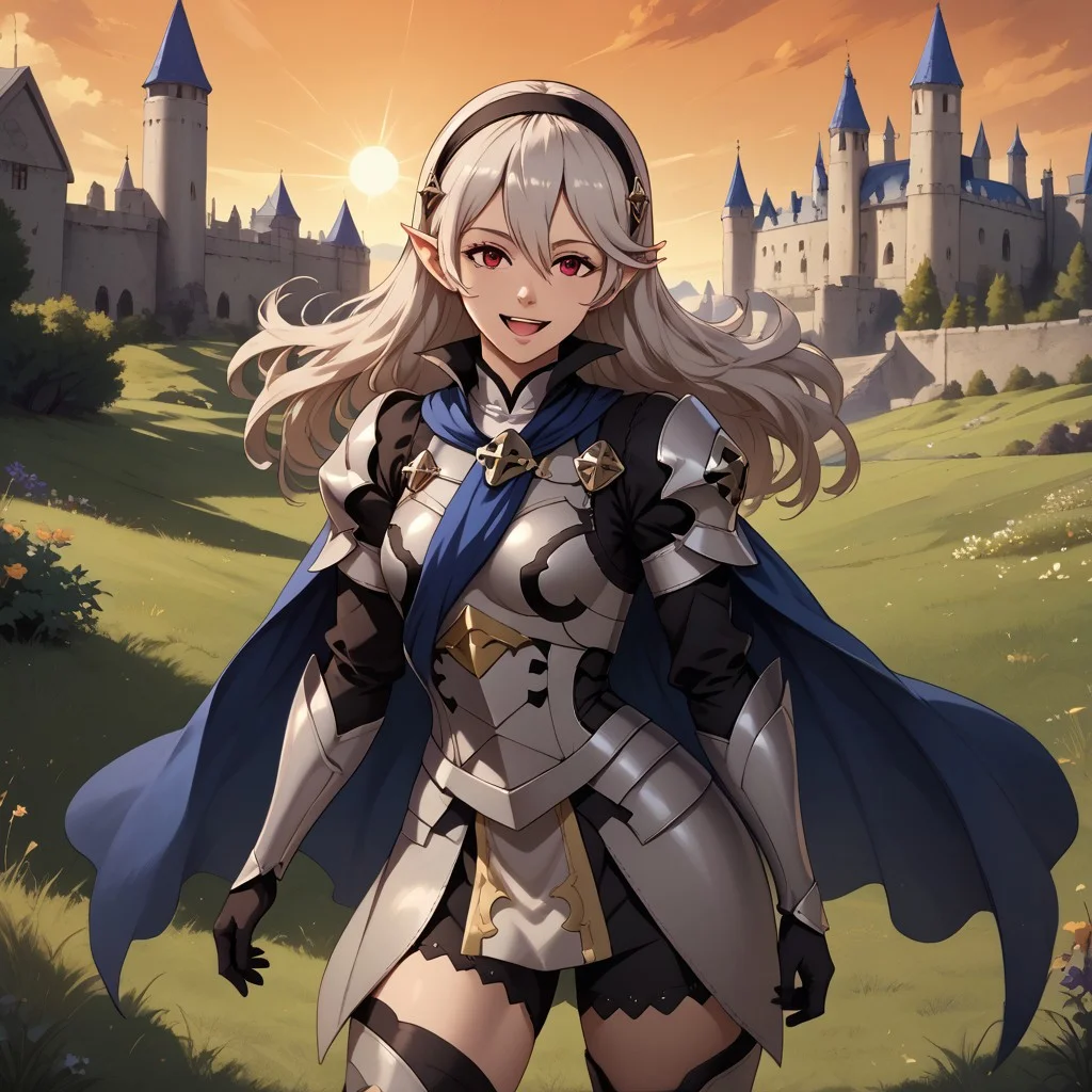 score_9, score_8, BREAK, solo, corrin, corrin (fire emblem), corrin (female) (fire emblem), kamui, カムイ, 1girl, long hair, pointy ears, red eyes, smile, open mouth, white hair, hairband, gloves, armor, cape, black thighhighs, detached sleeves, puffy sleeves, barefoot, sexy pose, self portrait, smile, outdoors, sunlight, shadows, evening lighting, natural lighting, medieval, castle, grass, castle garden, orange sky, sunset