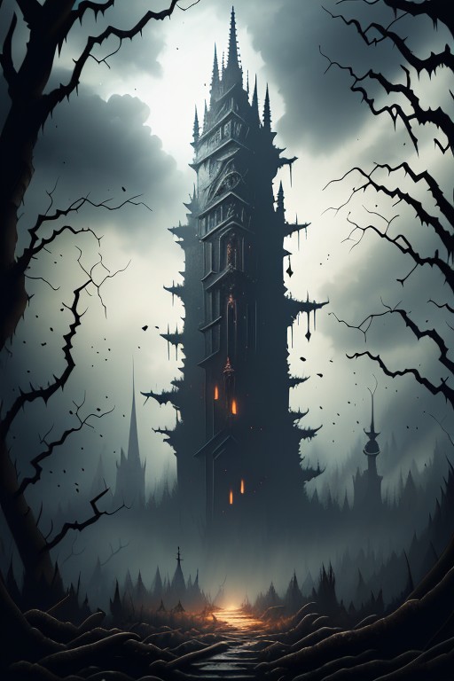 (masterpiece:1.2), (best quality,:1.2), 8k, HDR, ultra detailed, ((photorealistic)), professional light, cinematic lighting, fashion photography, ambient lighting, background, a dark gothic tower in a clearing of a sinister forest,  Darkness, <lora:Darkness-10:1>,  epiCPhoto,
