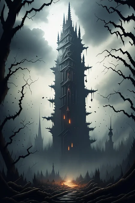(masterpiece:1.2), (best quality,:1.2), 8k, HDR, ultra detailed, ((photorealistic)), professional light, cinematic lighting, fashion photography, ambient lighting, background, a dark gothic tower in a clearing of a sinister forest, Darkness, <lora:Darkness-10:1>, epiCPhoto,