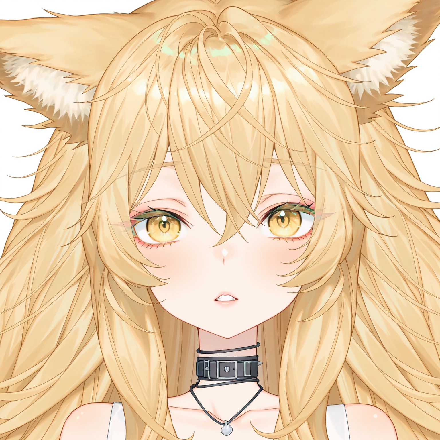 score_9, score_8_up, score_7_up, score_6_up, anime, beautiful, stunning, masterpiece, best quality, amazing quality,

simple background, white background,

CakeCatVT CakeCatVT costume1 1girl, animal ears, solo, blonde hair, yellow eyes, long hair, looking at viewer, collar, hair between eyes, black collar, animal ear fluff, portrait, bare shoulders, fox ears, teeth, collarbone, parted lips, messy hair

simple background, white background,