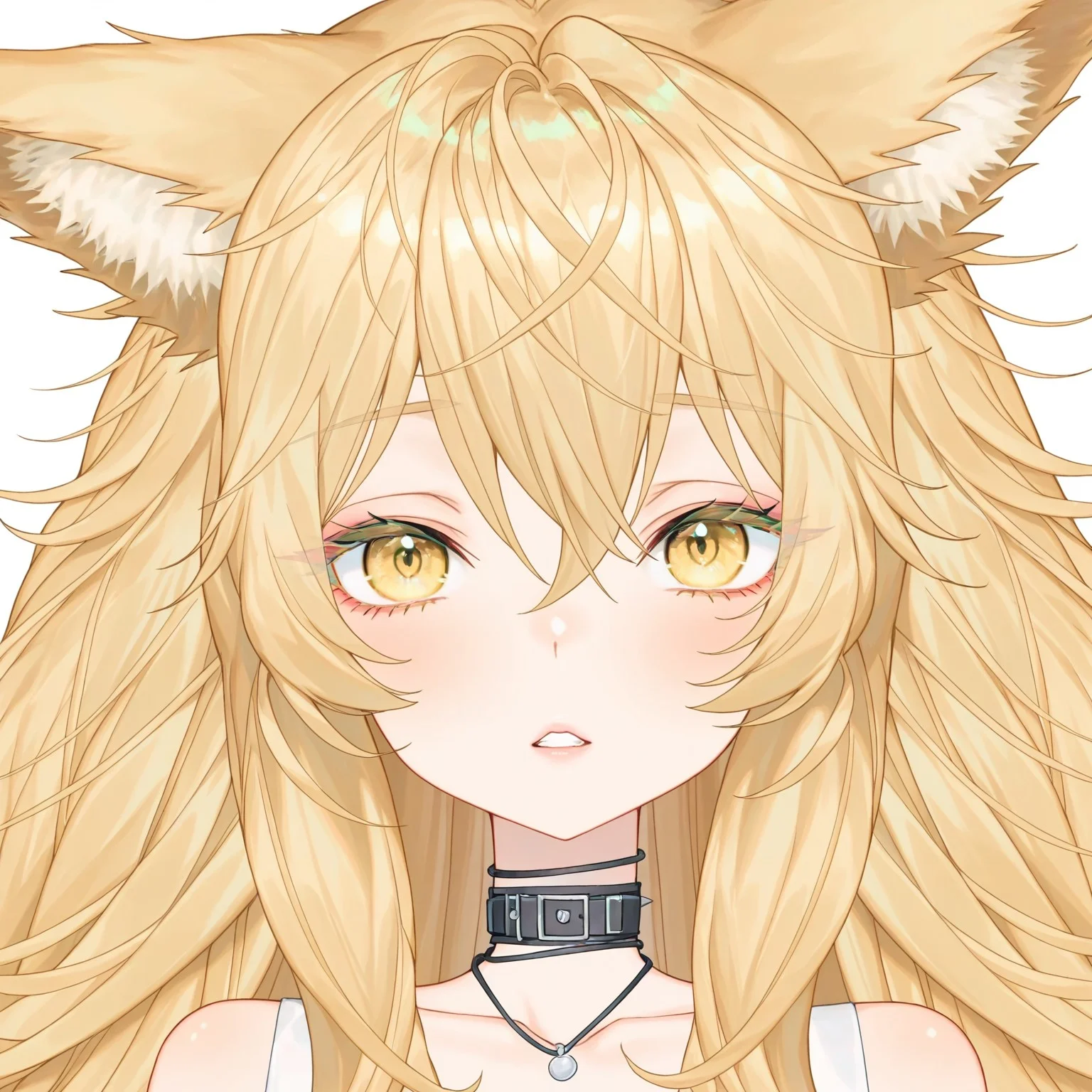 score_9, score_8_up, score_7_up, score_6_up, anime, beautiful, stunning, masterpiece, best quality, amazing quality,
simple background, white background,
CakeCatVT CakeCatVT costume1 1girl, animal ears, solo, blonde hair, yellow eyes, long hair, looking at viewer, collar, hair between eyes, black collar, animal ear fluff, portrait, bare shoulders, fox ears, teeth, collarbone, parted lips, messy hair
simple background, white background,