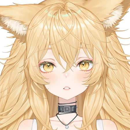 score_9, score_8_up, score_7_up, score_6_up, anime, beautiful, stunning, masterpiece, best quality, amazing quality,

simple background, white background,

CakeCatVT CakeCatVT costume1 1girl, animal ears, solo, blonde hair, yellow eyes, long hair, looking at viewer, collar, hair between eyes, black collar, animal ear fluff, portrait, bare shoulders, fox ears, teeth, collarbone, parted lips, messy hair

simple background, white background,