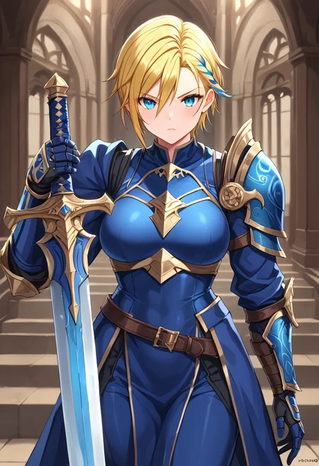 score_9, score_8_up, score_7_up, source_anime, masterpiece, absurdres, 1girl, serious girl dressed as a paladin in a world of heroic fantasy, (blond hair:1.6), short hair, large green expressive eyes, (heavy slighty blue metal armor:1.4), (very sexy:1.2), intricate armor with lace and jelwery, (holding a sword:1.2), leadership attitude, Dark Fantasy page, IBG, hkstyle, <lora:451ab4cd-b9f3-4e07-8383-da161a5f0985:0.7>, <lora:eb09f3ec-6698-4e9a-be54-cff1f682dfd2:0.7>, <lora:a0f22b2c-b14a-4eea-9bf4-a9a3263ecd84:0.4>