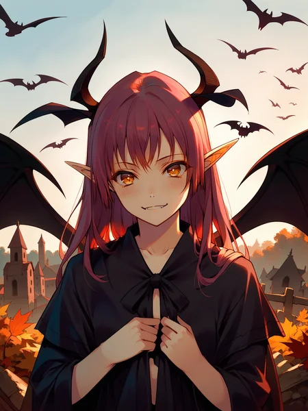 (upper body:1.2) <lora:happy_tentacle-succubus-v0.2-000043:1>, ht_succubus, demon wings, demon tail, hair ribbon (petite:1.2), ( :1.1) ( ( head tilt :0.8) , , ( :1.2) , , (looking at viewer:0.6) :1) , outdoors, vegetation, ( :1.1), autumn , (dawn :0.6), (blue sky:0.6) , (:0.5), , ( :0.8), ritual, ceremony, (horror \(theme\):1.2), sacrifice, witchcraft, (candlelight:0.5) ( :0.8) score_9, score_8_up, score_7_up, score_6_up, score_5_up, score_4_up, ( [(realistic, photorealistic:1.3):(realistic:1.3):18] [(3d:1.2)::16] :1) <lora:LUUNA's Lunas-NijiJourney-SDXL-B2:0.35>, nijijourney <lora:prgfrg23's Counterfeit-V3.0 Style SDXL_LoRA_Pony Diffusion V6 XL:0.5> <lora:mfcg's mfcgXL:0.12> <lora:reweik's gyokai(himehajime)_PonyXL_style_v01:0.14>