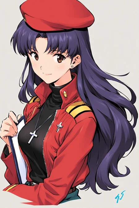 katsuragi misato,1girl,jewelry,hat,jacket,red jacket,turtleneck,long sleeves,holding,open clothes,open jacket,long hair,smile,bangs,necklace,breasts,signature,purple hair,upper body,closed mouth,parted bangs,white background,solo,earrings,cross,stud earrings,black shirt,beret,brown eyes,uniform,red headwear,cross necklace,shadow,looking at viewer,zipper,belt,simple background,looking to the side,military,medium breasts,military uniform,light smile,small breasts,pendant,clipboard,zipper pull tab,holding book,cropped torso,silhouette,<lora:Sadamoto Yoshiyuki_XL_kohaku:0.8>,