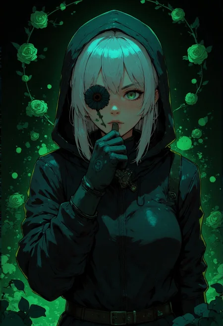 This is a digital illustration in a fantasy art style, featuring a woman with a ethereal black and green mist surrounding her body. The mist creates a dramatic and surreal effect. A black flower, that is blooming, covering one eye, attached to the face. The woman has a cold aesthetic, complimented by her white hair. Anime art of woman draped in shadows with a lighting that enhances her unique features. The background is dark green, filled with black rose petals. Holding finger to lips, shush, shushing motion,