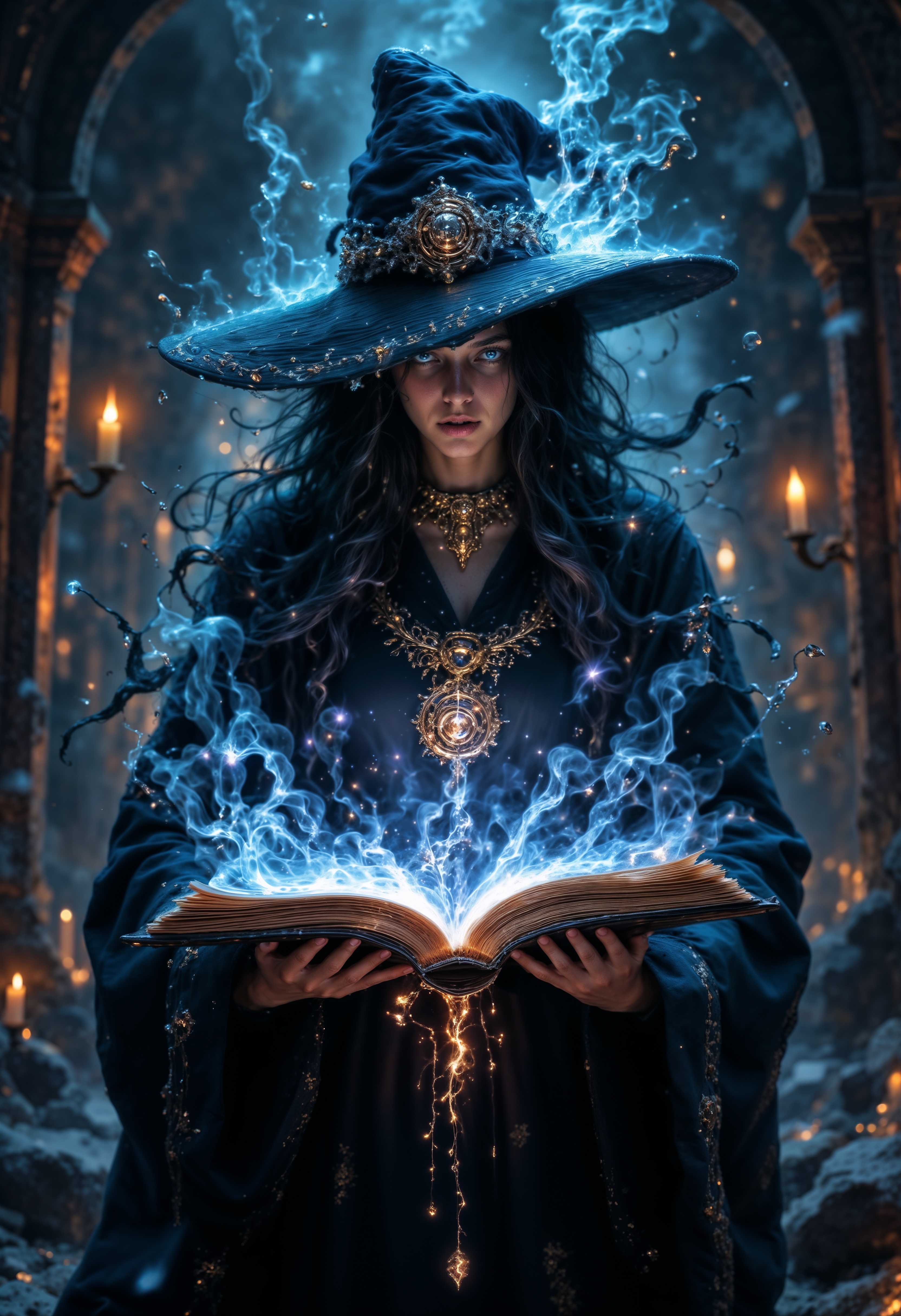This image depicts a stunning and powerful sorceress in the midst of casting an intricate spell. She is wearing a flowing, dark robe adorned with gold embroidery, and her large, pointed hat gives her a classic witch-like appearance. Her black hair billows around her, seemingly affected by the magical energy she is wielding.
A large, ancient book floats before her, its pages glowing with mystical symbols and arcane knowledge. The spell she is casting manifests as swirling, ethereal blue energy that encircles her and the book, creating a dynamic flow of magic. The energy forms into spiral-like patterns, and some portions even look like galaxies, suggesting she is manipulating cosmic forces.
The background is dimly lit, with only a few candles casting faint light. The dark, rocky environment around her has a mysterious and slightly ominous feel, as though she's deep within an ancient, enchanted chamber. This sorceress commands great power, and the way the scene is lit emphasizes her strength and connection to otherworldly forces.
The combination of dark magic, cosmic energy, and the sorceress's calm, focused demeanor makes the image both mesmerizing and intense, evoking an atmosphere of mastery over ancient, arcane arts.  <lora:aidmaFLUXpro1.1:1> aidmafluxpro1.1, <lora:FluxMythP0rtr4itStyle:0.6> mythp0rt, <lora:ARTifacts:0.8>