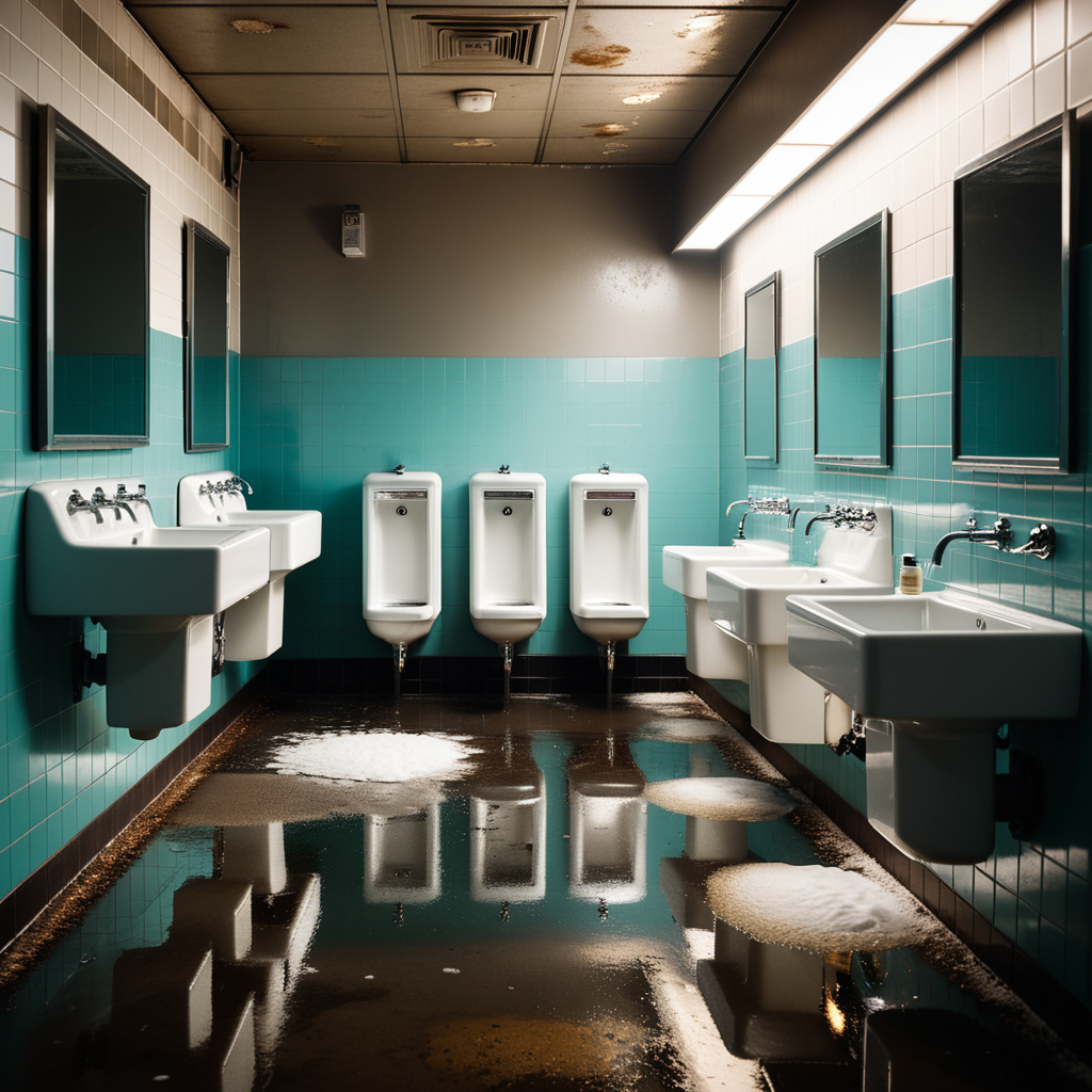 The interior of a public restroom with a utilitarian and slightly neglected design. The walls are covered in plain, slightly stained white tiles, some of which are cracked or chipped. The floor consists of large, dull gray tiles with faint scuff marks and small puddles of water near the sinks. On one side of the room, a row of metal bathroom stalls with scratched doors and faded paint lines the wall. On the opposite wall, a series of wall-mounted urinals made of white ceramic are spaced evenly, each with a metallic flush handle above. Some urinals have faint stains and water streaks, with one having a small puddle beneath it. A row of sinks with old, slightly rusted faucets sits beneath a large, streaked mirror that has smudges and water spots. Above, fluorescent tube lights buzz faintly, casting a cold, sterile glow over the space. A faint smell of cleaning chemicals lingers in the air, mixed with the dampness of the room. A hand dryer is mounted on the wall near the entrance, and a trash bin overflowing with crumpled paper towels stands nearby. The atmosphere feels functional but slightly neglected, emphasizing its everyday use.
<lora:SDXLFaeTastic2400:0.4> <lora:extremely_detailed:0.4> extremely detailed, Masterpiece,best quality,hi res,8k,hi res,8k,award winning,(sharp focus, intricate, highly detailed),
