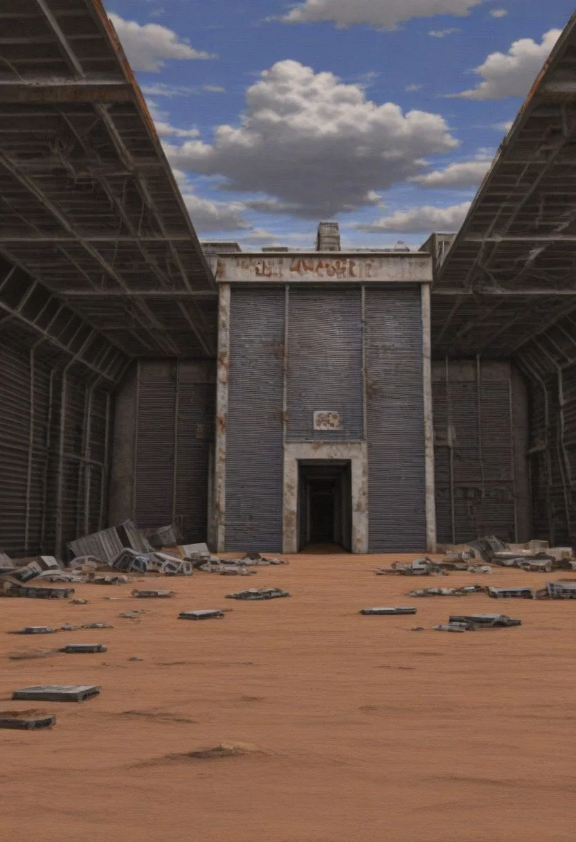best quality, masterpiece, 
lowres, low quality, 
no humans, landscape, 
building, warehouse, industrial, sheet metal, rust, concrete, rubble, 
outdoors, desert, 
sky, clouds